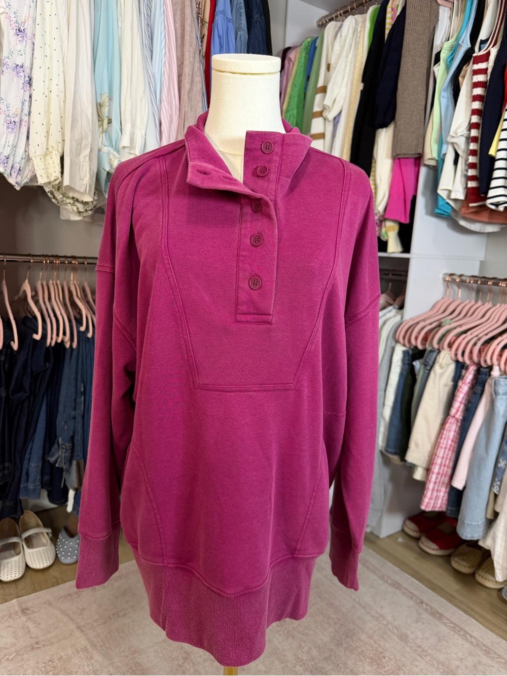 Time and Tru Magenta Button-Front Pullover Sweatshirt